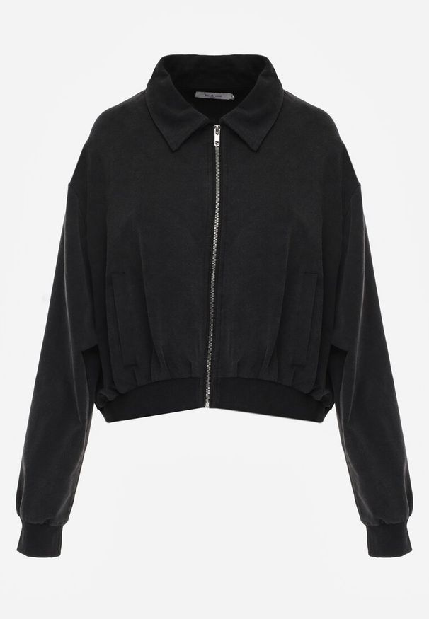 Renee - Czarna Bluza Bomberka z Bawełny Oversize Ozdobiona Kołnierzem Vimelles. Okazja: na co dzień. Kolor: czarny. Materiał: bawełna. Wzór: aplikacja. Styl: casual, elegancki