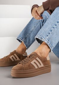 Born2be - Brązowe Zamszowe Sneakersy na Grubej Podeszwie ze Skórzaną Wkładką i Naszywką Rilaressa. Okazja: na co dzień. Kolor: brązowy. Materiał: zamsz, skóra. Wzór: aplikacja