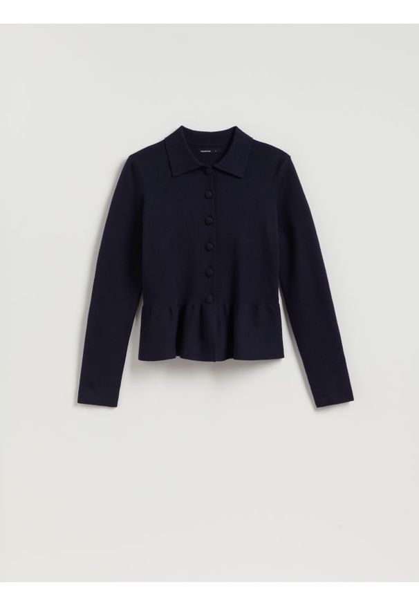 Reserved - Sweter z baskinką - granatowy. Kolor: niebieski. Materiał: wiskoza, dzianina