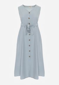 Renee - Jasnoniebieska Trapezowa Sukienka Midi bez Rękawów z Wiązanym Paskiem Ajana. Kolor: niebieski. Materiał: materiał. Długość rękawa: bez rękawów. Typ sukienki: trapezowe. Długość: midi #8