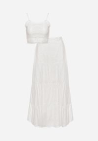 Renee - Biały Boho Komplet Top z Haftowanej Tkaniny Spódnica z Gumką w Talii i Falbanką Worpia. Kolor: biały. Materiał: tkanina. Wzór: haft #7
