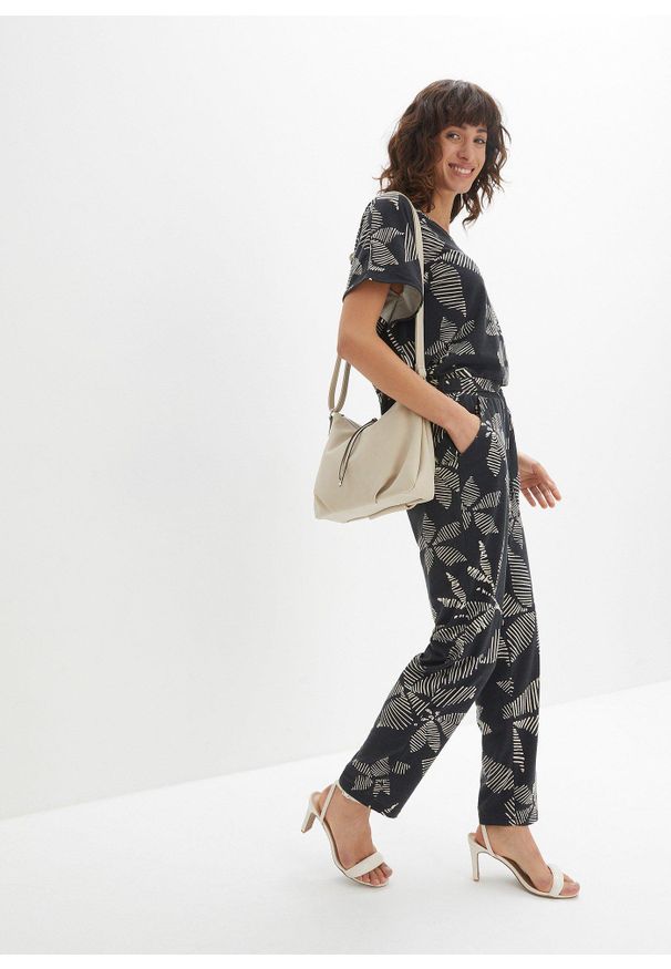 bonprix - Spodnie z gumką w talii z wiązanym paskiem. Kolor: czarny