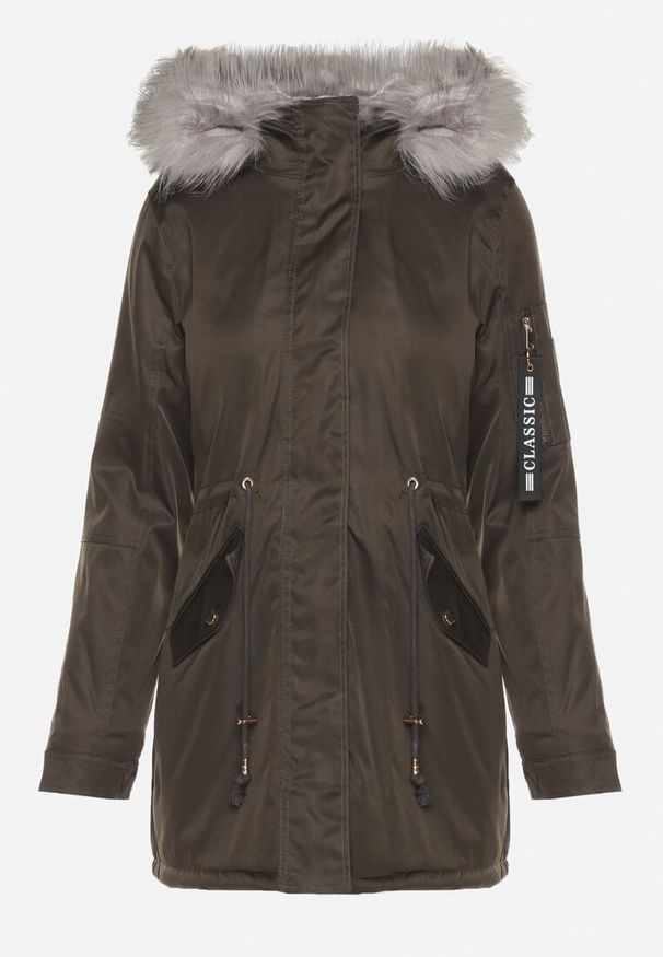 Born2be - Zielono-Szara Kurtka Parka z Futerkowym Odpinanym Zdobieniem przy Kapturze Inellae. Okazja: na co dzień. Kolor: zielony. Materiał: dzianina, jeans, futro. Wzór: aplikacja. Styl: klasyczny, casual, elegancki