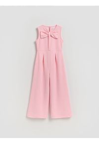 Reserved - Kombinezon z kokardą - pastelowy róż. Typ kołnierza: kokarda. Kolor: różowy. Materiał: tkanina. Typ sukienki: proste