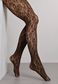 Born2be - Brązowe Eleganckie Rajstopy z Koronki Hanilira. Kolor: brązowy. Materiał: koronka. Wzór: koronka #1