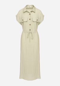 Born2be - Jasnozielona Wiskozowa Rozkloszowana Sukienka z Gumką w Talii Ozdobiona Guzikami Lemvia. Okazja: na spotkanie biznesowe. Kolor: zielony. Materiał: wiskoza. Wzór: aplikacja. Sezon: lato. Typ sukienki: sportowe, rozkloszowane. Styl: sportowy, biznesowy, klasyczny, elegancki #7