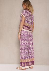 Renee - Fioletowy Komplet z Bawełny w Print Boho Szerokie Spodnie i Koszulka Telanitha. Kolor: fioletowy. Materiał: bawełna. Wzór: nadruk
