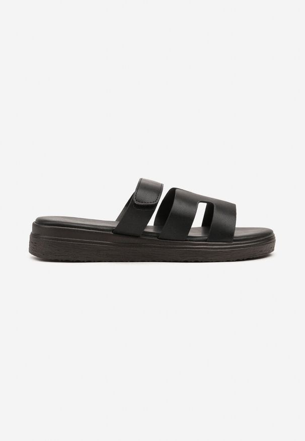 Born2be - Czarne Płaskie Klapki z Geometryczną Cholewką Nonareth. Okazja: na co dzień. Kolor: czarny. Wzór: geometria. Styl: elegancki, casual