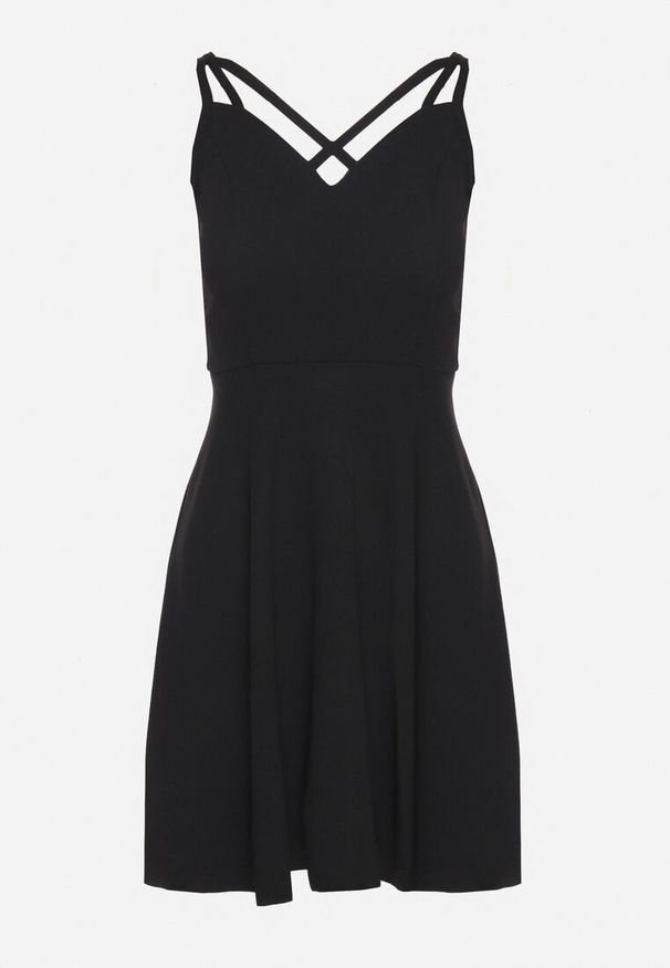 Born2be - Czarna Rozkloszowana Sukienka z Ozdobnymi Paskami Redaina. Kolor: czarny. Długość rękawa: na ramiączkach. Styl: elegancki