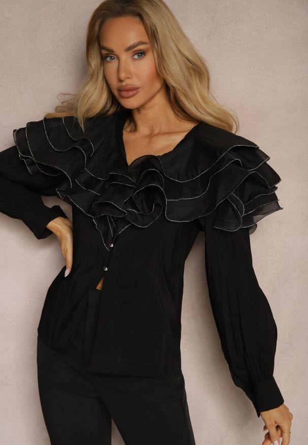 Renee - Czarna Wieczorowa Koszula z Ozdobnymi Falbanami i Guzikami Lerellia. Okazja: na co dzień. Kolor: czarny. Materiał: jeans. Styl: wizytowy