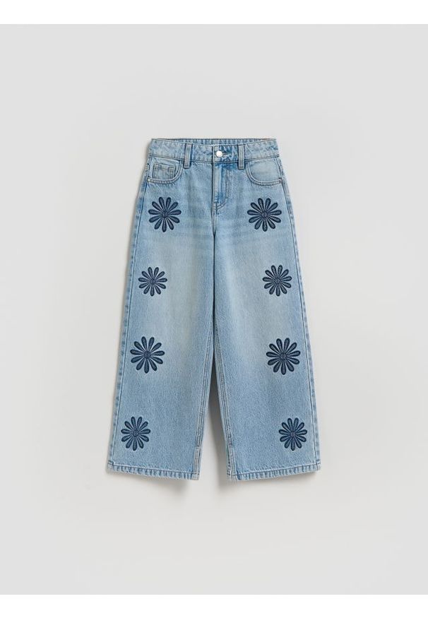 Reserved - Jeansy wide leg z haftem - niebieski. Kolor: niebieski. Wzór: haft