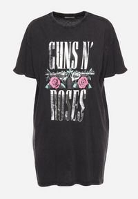 Born2be - Ciemnoszary T-shirt z Bawełny z Napisem Guns N' Roses Pocamona. Kolor: szary. Materiał: bawełna. Wzór: napisy. Styl: rockowy