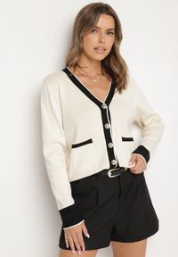 Born2be - Beżowy Kardigan z Wiskozą z Ozdobną Lamówką i Guzikami Halirena. Okazja: na co dzień. Kolor: beżowy. Materiał: wiskoza. Styl: klasyczny, elegancki, casual