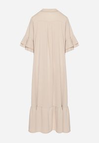 Born2be - Beżowa Sukienka Koszulowa z Ozdobną Falbanką Daviravie. Okazja: na co dzień. Kolor: beżowy. Typ sukienki: koszulowe. Styl: elegancki, casual, klasyczny #4