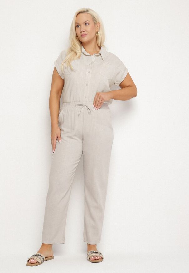 Born2be - Szare Spodnie z Lnem i Elastyczną Gumką w Pasie Nativena. Okazja: na co dzień. Kolekcja: plus size. Kolor: szary. Materiał: len. Styl: casual