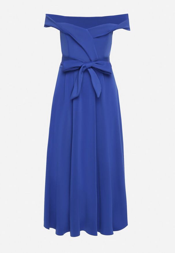 Born2be - Granatowa Elegancka Sukienka o Fasonie Hiszpanki z Materiałowym Paskiem Xaelia. Typ kołnierza: dekolt hiszpanka. Kolor: niebieski. Materiał: materiał. Styl: elegancki
