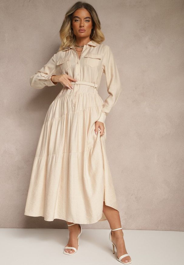 Renee - Beżowa Rozkloszowana Sukienka z Wiskozy z Guzikami i Paskiem Ronesa. Okazja: na co dzień. Kolor: beżowy. Materiał: wiskoza. Typ sukienki: proste. Styl: elegancki, casual