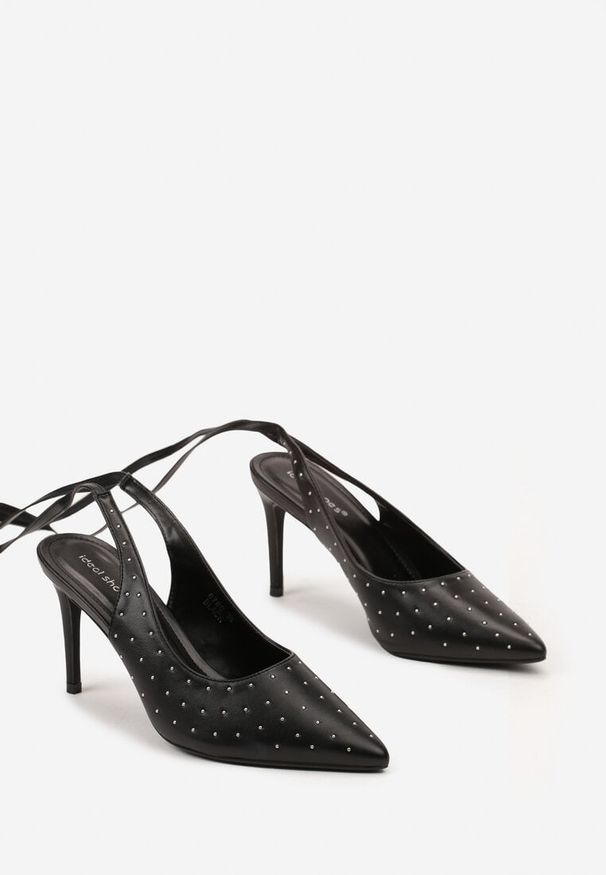 Renee - Czarne Sandały na Szpilce z Wiązanymi Rzemykami i Cyrkoniami Jenglla. Kolor: czarny. Obcas: na szpilce. Styl: elegancki, wizytowy