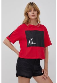 Armani Exchange t-shirt bawełniany kolor czerwony. Kolor: czerwony. Materiał: bawełna. Długość rękawa: krótki rękaw. Długość: krótkie. Wzór: nadruk