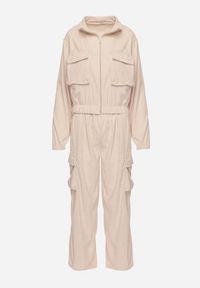Born2be - Jasnobeżowy Komplet Dresowy w Stylu Cargo Bluza ze Stójką i Szerokie Spodnie Arritarra. Kolor: beżowy. Materiał: dresówka