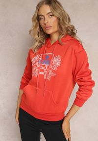 Renee - Pomarańczowa Modna Bluza z Nadrukiem i Kapturem Ozdobiona Nadrukiem Arinalu. Kolor: pomarańczowy. Materiał: polar. Wzór: aplikacja, nadruk #4