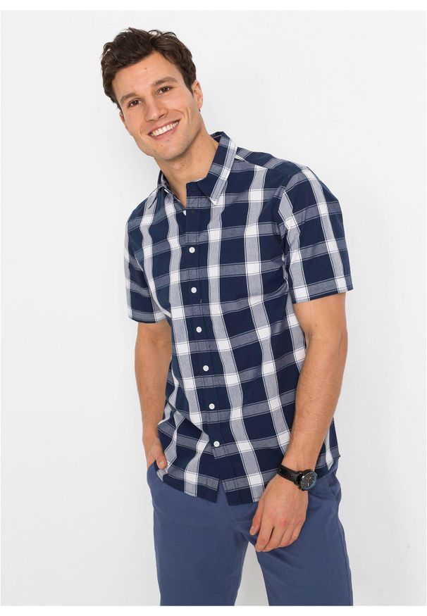 bonprix - Koszula z krótkim rękawem, z czystej bawełny. Kolor: niebieski. Materiał: bawełna. Długość rękawa: krótki rękaw. Długość: krótkie