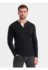 Ombre Clothing - Longsleeve męski z guzikami przy dekolcie - czarny V4 - Rozmiar: S. Okazja: na co dzień. Kolor: czarny. Materiał: bawełna, dzianina, jersey. Długość rękawa: długi rękaw. Wzór: aplikacja. Styl: klasyczny, casual