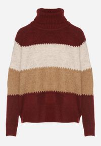 Born2be - Bordowy Golf Oversize w Szerokie Pasy z Domieszką Kaszmiru Nellemia. Okazja: na co dzień. Typ kołnierza: golf. Kolor: czerwony. Materiał: kaszmir. Styl: casual #4