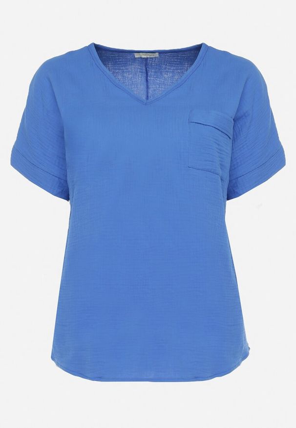 Born2be - Niebieska Bawełniana Bluzka z Kieszonką na Boku Quilea. Kolor: niebieski. Materiał: bawełna. Styl: elegancki