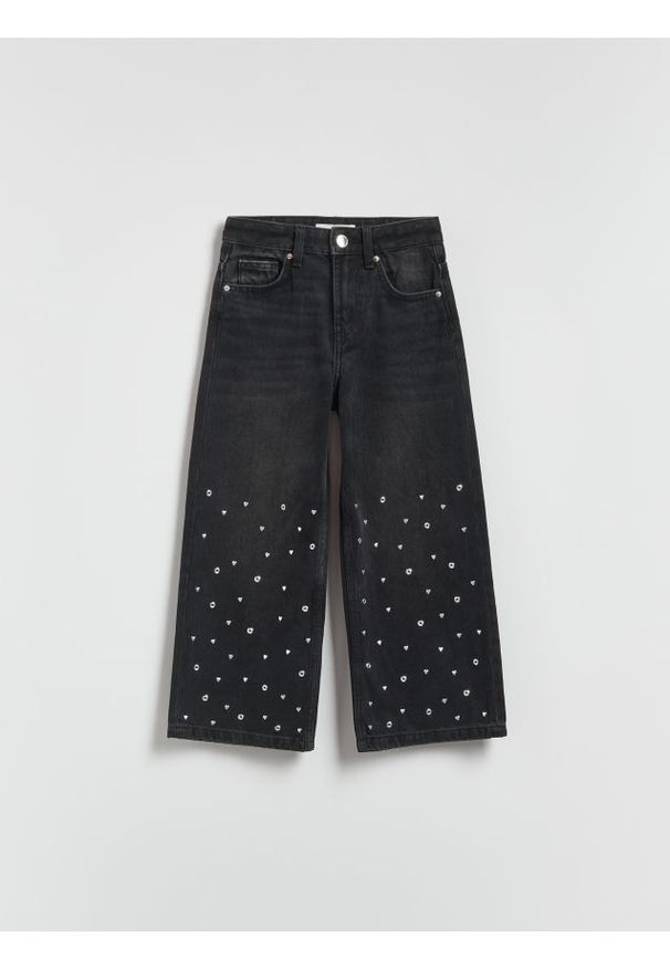 Reserved - Jeansy wide leg z aplikacją - czarny. Kolor: czarny. Wzór: aplikacja