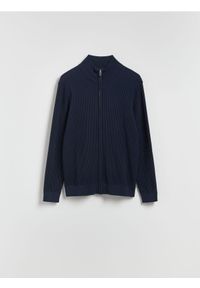 Reserved - Rozpinany sweter ze stójką - granatowy. Typ kołnierza: kołnierzyk stójkowy. Kolor: niebieski. Materiał: bawełna, dzianina