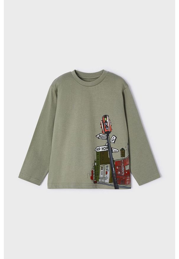 Mayoral longsleeve bawełniany dziecięcy kolor zielony z nadrukiem. Okazja: na co dzień. Kolor: zielony. Materiał: bawełna. Długość rękawa: długi rękaw. Wzór: nadruk. Styl: casual