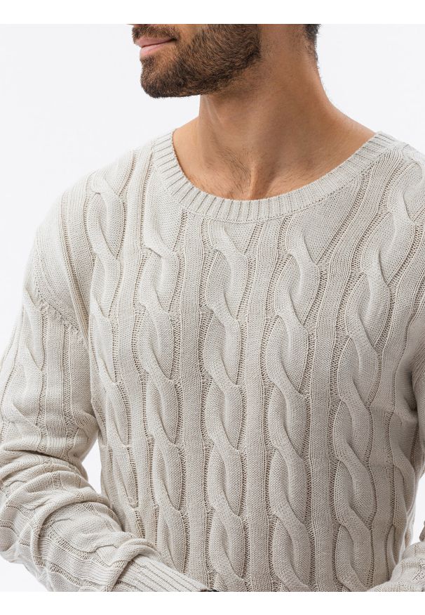 Ombre Clothing - Sweter męski z warkoczowym splotem E195 - biały - XXL. Okazja: na co dzień. Kolor: biały. Materiał: akryl, bawełna, jeans. Wzór: ze splotem. Styl: elegancki, casual, klasyczny