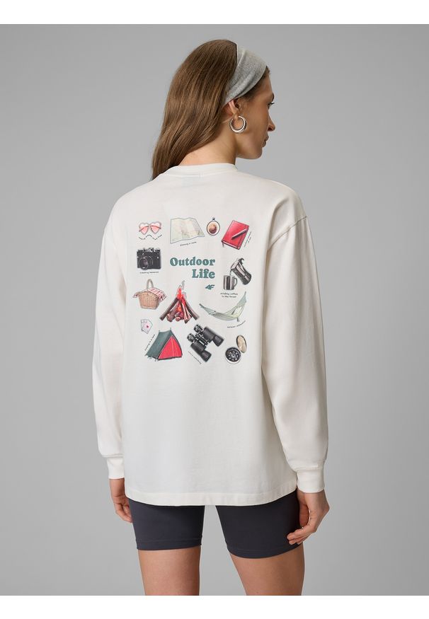 4f - 4F Longsleeve regular z nadrukiem damski - biały L. Okazja: na co dzień. Kolor: biały. Materiał: materiał, bawełna, skóra, dzianina. Długość rękawa: długi rękaw. Długość: krótkie. Wzór: nadruk. Styl: klasyczny, casual