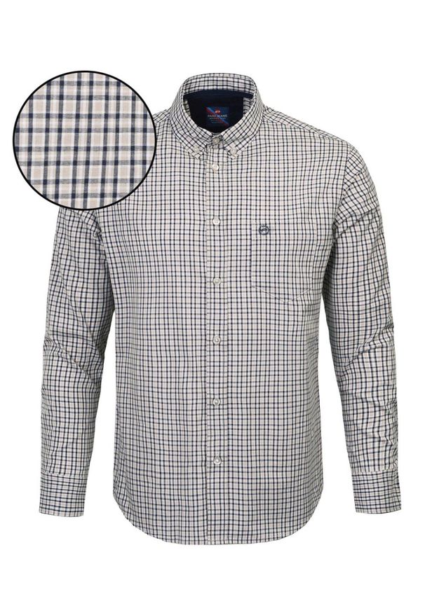 Koszula Weekendowa - Pako Jeans - Lekko Taliowana - Drobna, Beżowa Kratka. Okazja: na co dzień. Kolor: beżowy, brązowy, wielokolorowy. Materiał: bawełna. Wzór: kratka. Styl: casual