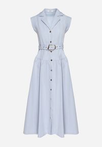 Born2be - Niebieska Sukienka Koszulowa Ozdobiona Paskiem Devikka. Okazja: na co dzień. Kolor: niebieski. Materiał: skóra. Wzór: aplikacja. Typ sukienki: koszulowe. Styl: klasyczny, casual, elegancki #3