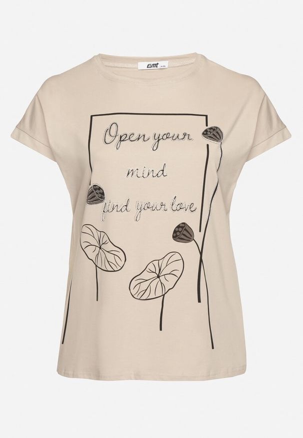 Born2be - Ciemnobeżowy Bawełniany T-shirt z Nadrukiem i Cyrkoniami Ertebis. Okazja: na co dzień, na spacer. Kolor: beżowy. Materiał: bawełna. Wzór: nadruk. Styl: elegancki, casual