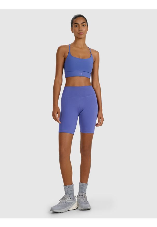 4f - 4F Legginsy kolarki treningowe damskie - granatowe M. Stan: podwyższony. Kolor: niebieski. Materiał: dzianina, elastan, włókno, syntetyk, materiał. Długość: krótkie. Wzór: gładki, ze splotem. Sport: fitness