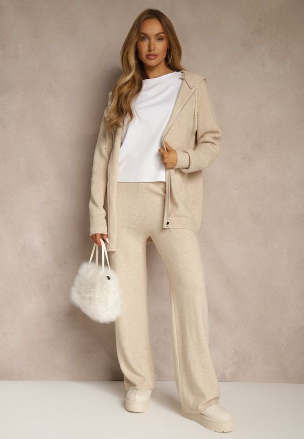 Renee - Beżowy Komplet z Wełną i Bawełną Rozpinana Bluza z Kapturem i Szerokie Spodnie Reisema. Kolor: beżowy. Materiał: wełna, bawełna