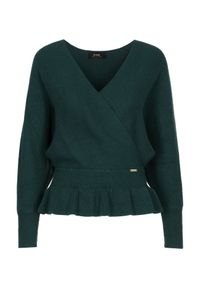 Ochnik - Ciemnozielony sweter damski z taliowaniem. Kolor: zielony. Materiał: wiskoza