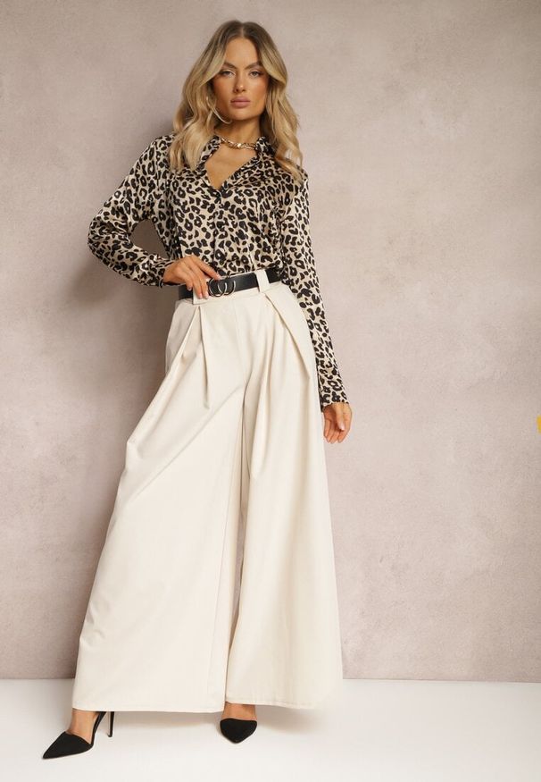 Renee - Beżowe Spodnie High Waist z Szerokimi Nogawkami i Paskiem Brillara. Okazja: na co dzień, na randkę, na spacer. Stan: podwyższony. Kolor: beżowy. Materiał: wiskoza. Styl: casual, elegancki