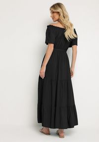 Born2be - Czarna Bawełniana Sukienka Hiszpanka z Wiskozą z Gumką i Materiałowym Paskiem w Talii Tiamanthe. Okazja: na imprezę, na co dzień. Typ kołnierza: dekolt hiszpanka. Kolor: czarny. Materiał: materiał, bawełna, wiskoza. Sezon: lato. Styl: casual, elegancki #5