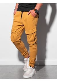 Ombre Clothing - Spodnie męskie joggery P886 - musztardowe - XXL. Kolor: żółty. Materiał: elastan, bawełna. Styl: klasyczny