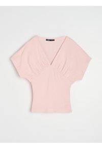 Sinsay - Bluzka z dekoltem V i marszczeniem z przodu - różowy. Kolor: różowy