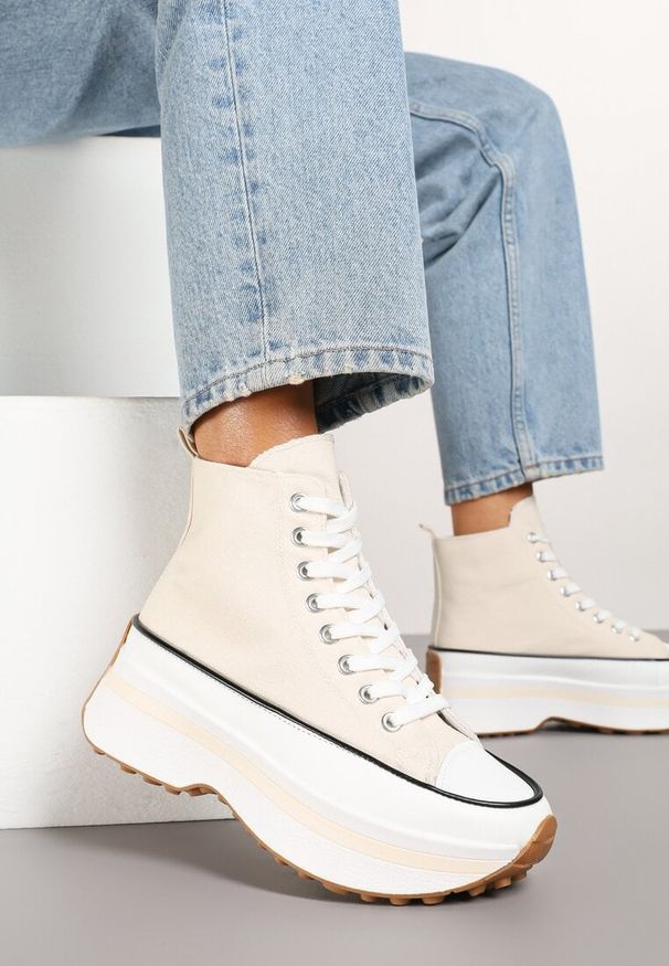 Born2be - Beżowe Trampki za Kostkę na Grubej Podeszwie Danilira. Okazja: na co dzień. Wysokość cholewki: za kostkę. Kolor: beżowy. Materiał: jeans, skóra. Styl: elegancki, casual