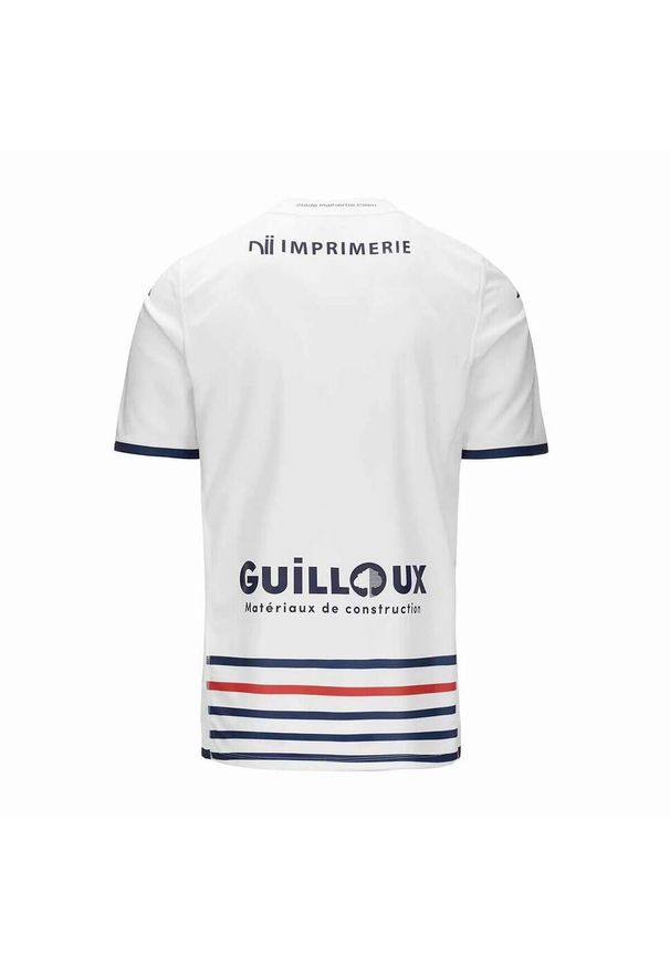 Kappa - Dziecięca koszulka wyjazdowa SM Caen Kombat 2023/24. Kolor: wielokolorowy, niebieski, biały. Sport: piłka nożna