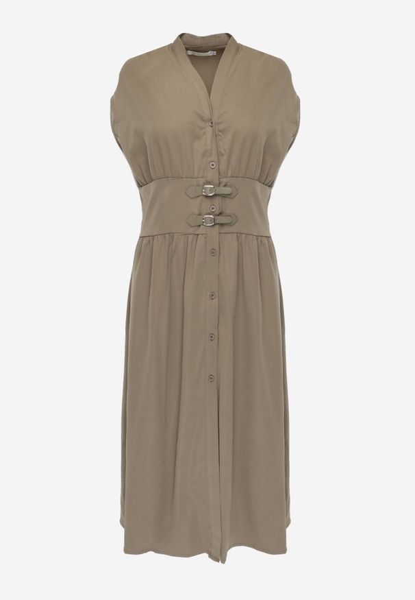 Renee - Zielona Sukienka na Guziki z Gorsetowym Panelem z Klamrami w Talii Frose. Typ kołnierza: dekolt gorset. Kolor: zielony. Typ sukienki: gorsetowe. Długość: midi