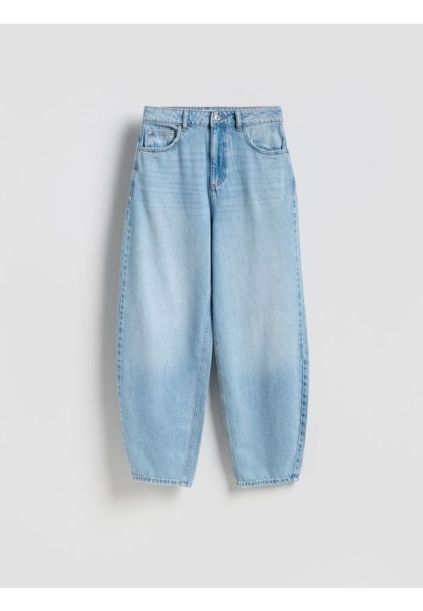 Reserved - Jeansy barrel leg - niebieski. Kolor: niebieski