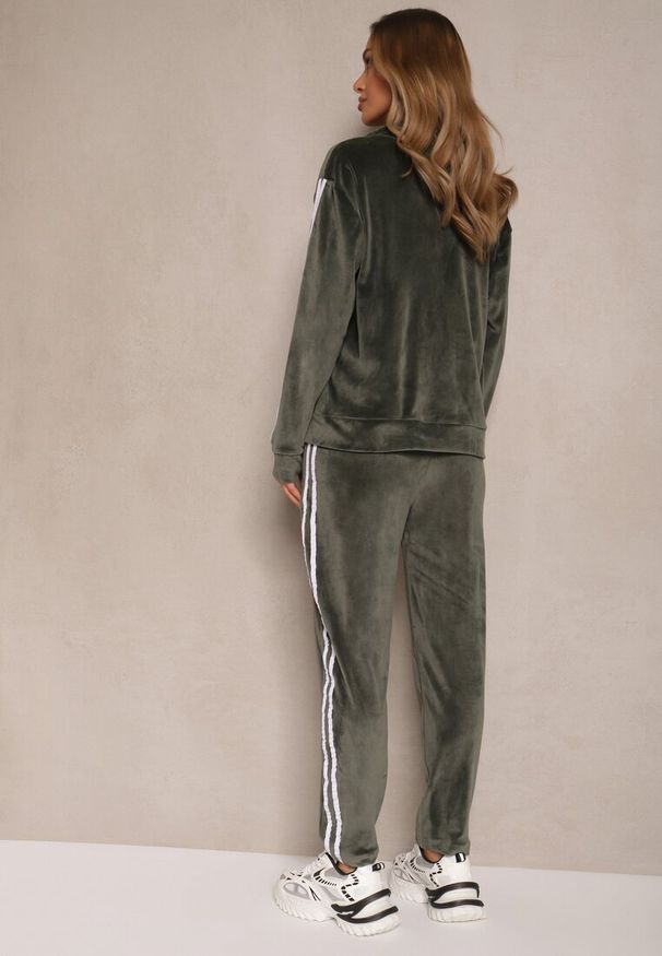 Renee - Zielony Komplet Dresowy Spodnie i Bluza Rozpinana Ozdobiona Paskami Mirwia. Kolor: zielony. Materiał: dresówka. Wzór: aplikacja