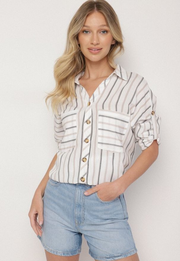 Born2be - Beżowo-Szara Bawełniana Koszula Oversize w Paski Filalira. Okazja: na co dzień. Typ kołnierza: dekolt w serek, kołnierzyk klasyczny. Kolor: beżowy. Materiał: bawełna. Długość rękawa: długi rękaw. Długość: długie. Wzór: paski. Styl: klasyczny, elegancki, casual